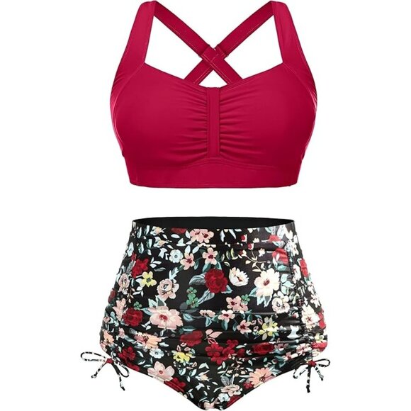 Daci Plus Size 22W Two-Piece Swimsuit High-Waisted Bottom Ruched Floral Bikini - Picture 2 of 9